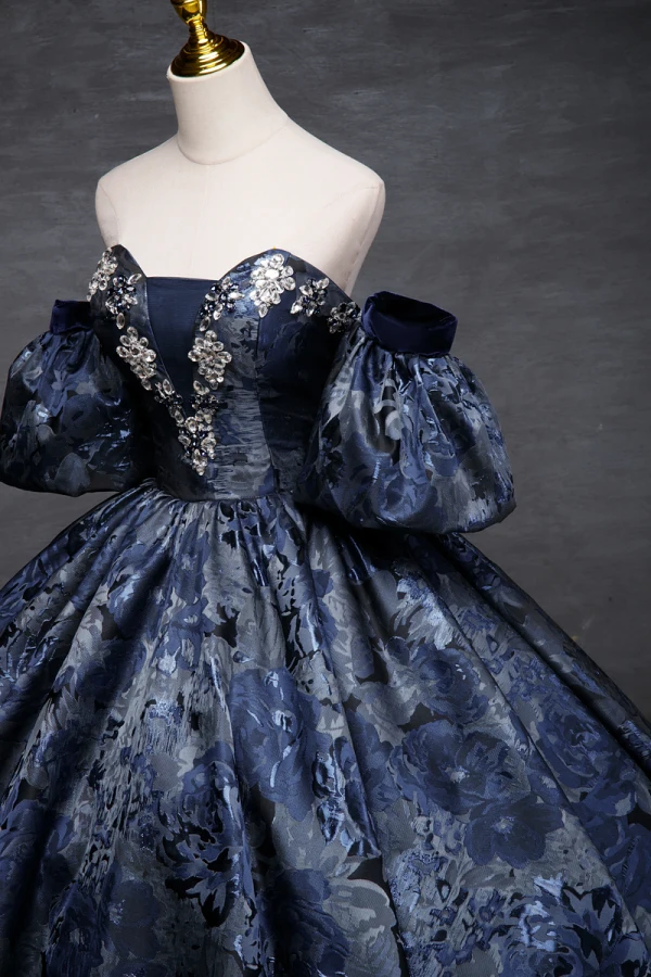 Vintage / Retro Navy Blue Printing Prom Dresses Ball Gown 2023 Strapless Puffy Short Sleeve Backless Floor-Length / Long Prom Formal Dresses