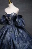 Vintage / Retro Navy Blue Printing Prom Dresses Ball Gown 2023 Strapless Puffy Short Sleeve Backless Floor-Length / Long Prom Formal Dresses