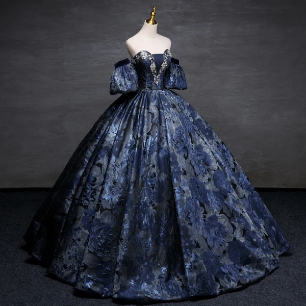 Vintage / Retro Navy Blue Printing Prom Dresses Ball Gown 2023 Strapless Puffy Short Sleeve Backless Floor-Length / Long Prom Formal Dresses