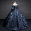 Vintage / Retro Navy Blue Printing Prom Dresses Ball Gown 2023 Strapless Puffy Short Sleeve Backless Floor-Length / Long Prom Formal Dresses