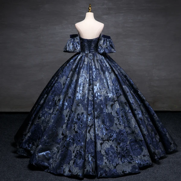 Vintage / Retro Navy Blue Printing Prom Dresses Ball Gown 2023 Strapless Puffy Short Sleeve Backless Floor-Length / Long Prom Formal Dresses