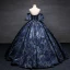 Vintage / Retro Navy Blue Printing Prom Dresses Ball Gown 2023 Strapless Puffy Short Sleeve Backless Floor-Length / Long Prom Formal Dresses
