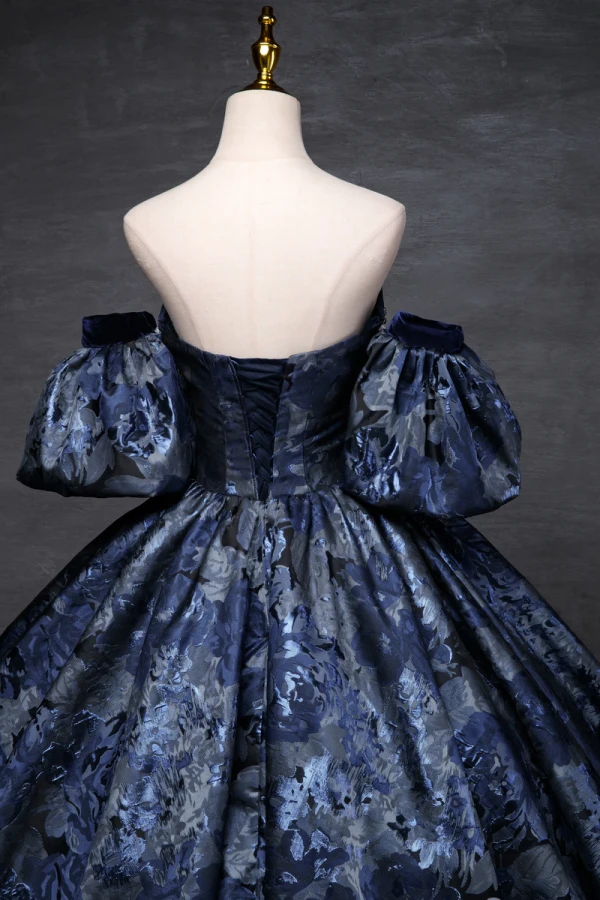 Vintage / Retro Navy Blue Printing Prom Dresses Ball Gown 2023 Strapless Puffy Short Sleeve Backless Floor-Length / Long Prom Formal Dresses