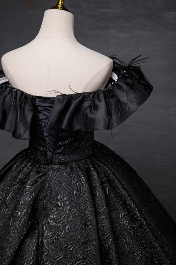 Elegant Black Printing Tassel Prom Dresses 2023 Ball Gown Off-The-Shoulder Short Sleeve Backless Floor-Length / Long Prom Formal Dresses