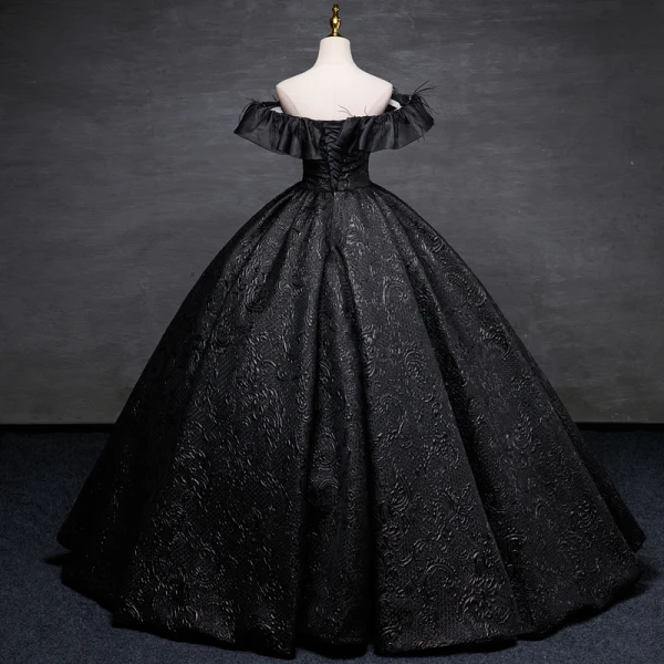 Elegant Black Printing Tassel Prom Dresses 2023 Ball Gown Off-The-Shoulder Short Sleeve Backless Floor-Length / Long Prom Formal Dresses