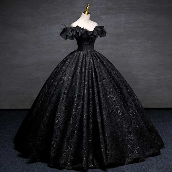 Elegant Black Printing Tassel Prom Dresses 2023 Ball Gown Off-The-Shoulder Short Sleeve Backless Floor-Length / Long Prom Formal Dresses