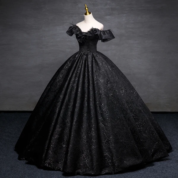 Elegant Black Printing Tassel Prom Dresses 2023 Ball Gown Off-The-Shoulder Short Sleeve Backless Floor-Length / Long Prom Formal Dresses