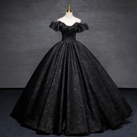 Elegant Black Printing Tassel Prom Dresses 2023 Ball Gown Off-The-Shoulder Short Sleeve Backless Floor-Length / Long Prom Formal Dresses