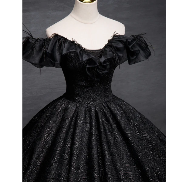 Elegant Black Printing Tassel Prom Dresses 2023 Ball Gown Off-The-Shoulder Short Sleeve Backless Floor-Length / Long Prom Formal Dresses