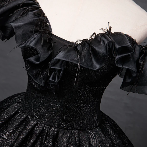 Elegant Black Printing Tassel Prom Dresses 2023 Ball Gown Off-The-Shoulder Short Sleeve Backless Floor-Length / Long Prom Formal Dresses