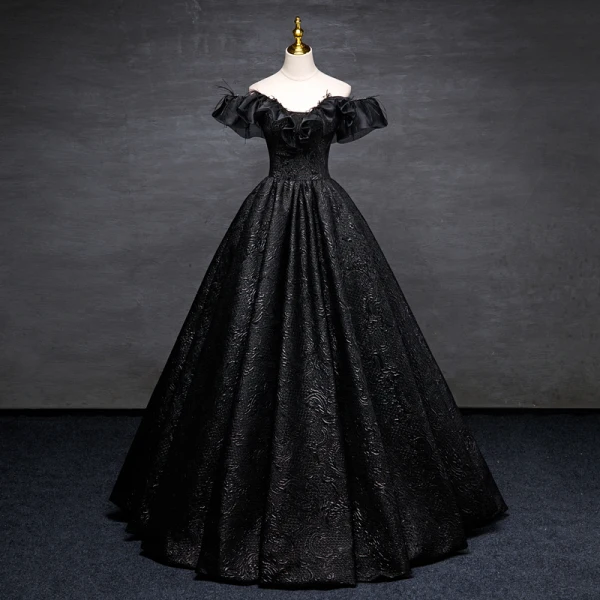 Elegant Black Printing Tassel Prom Dresses 2023 Ball Gown Off-The-Shoulder Short Sleeve Backless Floor-Length / Long Prom Formal Dresses