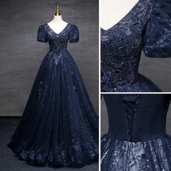 Vintage / Retro Navy Blue Beading Sequins Prom Dresses Ball Gown 2023 V-Neck Puffy Short Sleeve Backless Tassel Floor-Length / Long Prom Formal Dresses