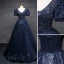 Vintage / Retro Navy Blue Beading Sequins Prom Dresses Ball Gown 2023 V-Neck Puffy Short Sleeve Backless Tassel Floor-Length / Long Prom Formal Dresses