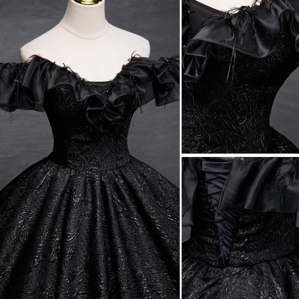 Elegant Black Printing Tassel Prom Dresses 2023 Ball Gown Off-The-Shoulder Short Sleeve Backless Floor-Length / Long Prom Formal Dresses