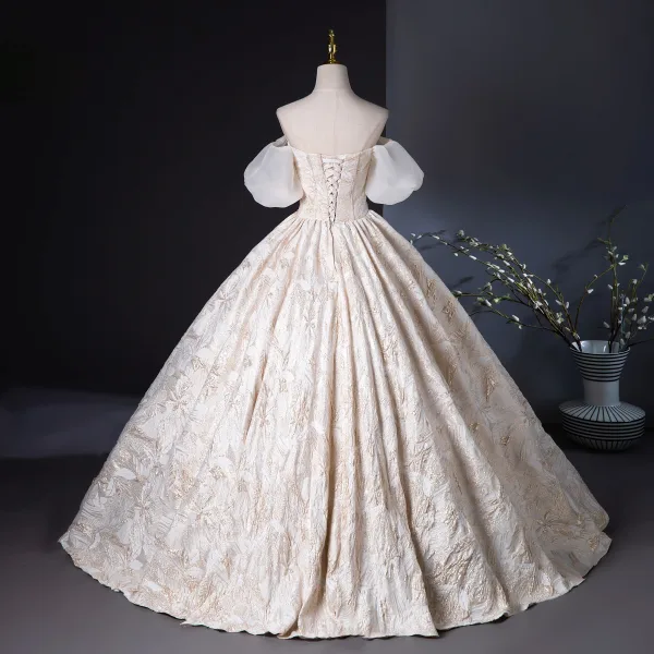 Élégant Champagne Perlage Glitter Robe De Bal 2024 Robe Boule De l'épaule Manches Courtes Dos Nu Longue Promo Robe De Ceremonie
