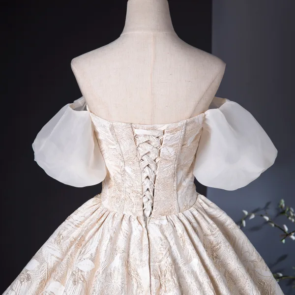 Élégant Champagne Perlage Glitter Robe De Bal 2024 Robe Boule De l'épaule Manches Courtes Dos Nu Longue Promo Robe De Ceremonie