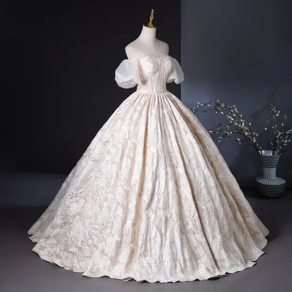 Élégant Champagne Perlage Glitter Robe De Bal 2024 Robe Boule De l'épaule Manches Courtes Dos Nu Longue Promo Robe De Ceremonie