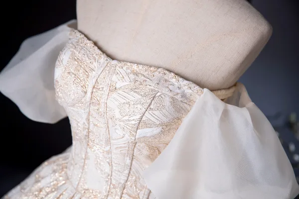 Élégant Champagne Perlage Glitter Robe De Bal 2024 Robe Boule De l'épaule Manches Courtes Dos Nu Longue Promo Robe De Ceremonie