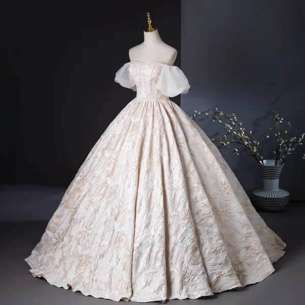 Élégant Champagne Perlage Glitter Robe De Bal 2024 Robe Boule De l'épaule Manches Courtes Dos Nu Longue Promo Robe De Ceremonie
