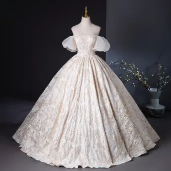 Elegant Champagne Beading Glitter Prom Dresses 2024 Ball Gown Off The Shoulder Short Sleeve Backless Floor Length Long Prom Formal Dresses