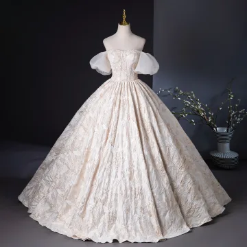 Elegant Champagne Beading Glitter Prom Dresses 2024 Ball Gown Off The Shoulder Short Sleeve Backless Floor Length Long Prom Formal Dresses