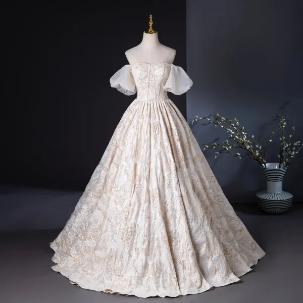 Élégant Champagne Perlage Glitter Robe De Bal 2024 Robe Boule De l'épaule Manches Courtes Dos Nu Longue Promo Robe De Ceremonie