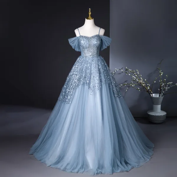 Bling Bling Sky Blue Sequins Prom Dresses 2024 Ball Gown Spaghetti Straps Sleeveless Backless Floor-Length / Long Prom Formal Dresses