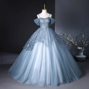 Bling Bling Sky Blue Sequins Prom Dresses 2024 Ball Gown Spaghetti Straps Sleeveless Backless Floor Length Long Prom Formal Dresses