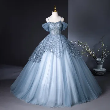 Bling Bling Sky Blue Sequins Prom Dresses 2024 Ball Gown Spaghetti Straps Sleeveless Backless Floor Length Long Prom Formal Dresses
