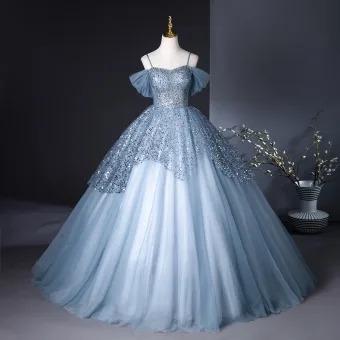 Bling Bling Sky Blue Sequins Prom Dresses 2024 Ball Gown Spaghetti Straps Sleeveless Backless Floor Length Long Prom Formal Dresses