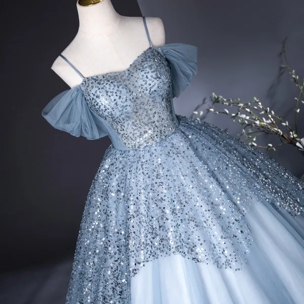 Bling Bling Sky Blue Sequins Prom Dresses 2024 Ball Gown Spaghetti Straps Sleeveless Backless Floor-Length / Long Prom Formal Dresses
