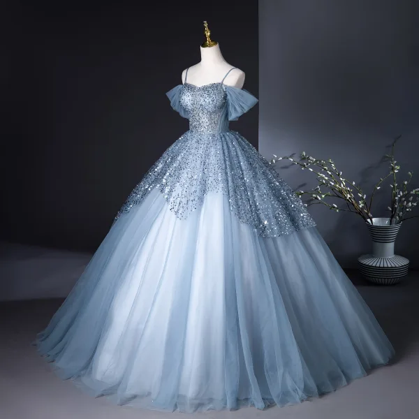 Bling Bling Sky Blue Sequins Prom Dresses 2024 Ball Gown Spaghetti Straps Sleeveless Backless Floor-Length / Long Prom Formal Dresses