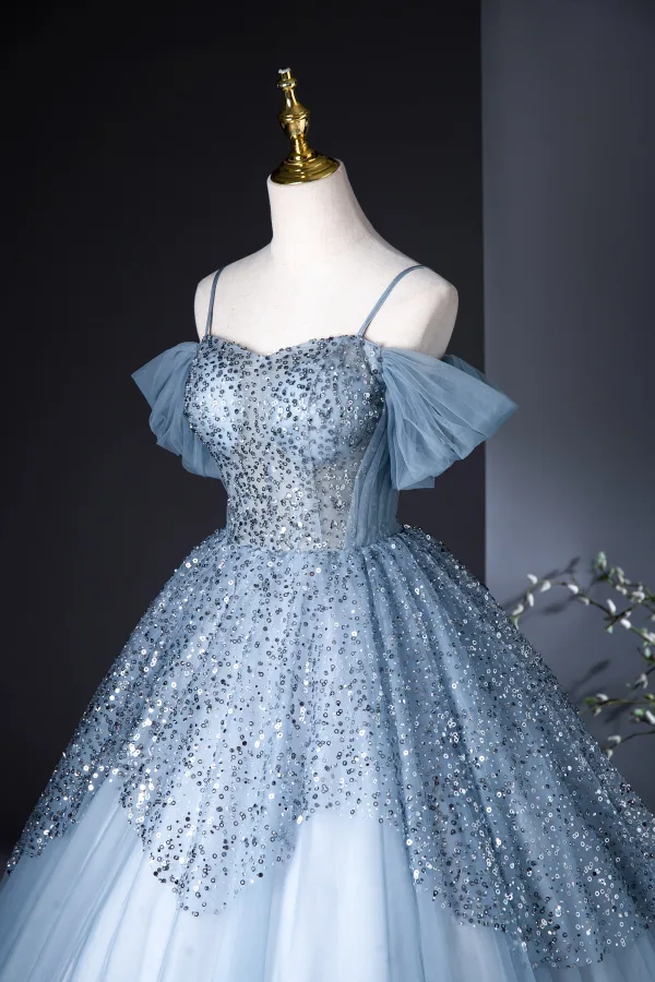 Bling Bling Sky Blue Sequins Prom Dresses 2024 Ball Gown Spaghetti Straps Sleeveless Backless Floor-Length / Long Prom Formal Dresses