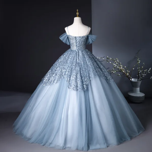 Bling Bling Sky Blue Sequins Prom Dresses 2024 Ball Gown Spaghetti Straps Sleeveless Backless Floor-Length / Long Prom Formal Dresses