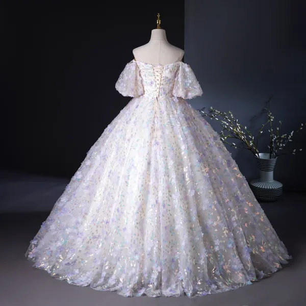 Flower Fairy Champagne Pearl Sequins Appliques Prom Dresses 2024 Ball Gown Off-The-Shoulder Puffy Short Sleeve Backless Floor-Length / Long Prom Formal Dresses