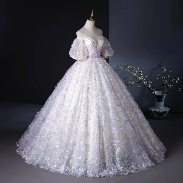 Flower Fairy Champagne Pearl Sequins Appliques Prom Dresses 2024 Ball Gown Off-The-Shoulder Puffy Short Sleeve Backless Floor-Length / Long Prom Formal Dresses