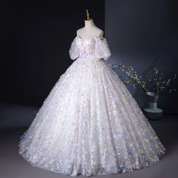 Flower Fairy Champagne Pearl Sequins Appliques Prom Dresses 2024 Ball Gown Off-The-Shoulder Puffy Short Sleeve Backless Floor-Length / Long Prom Formal Dresses
