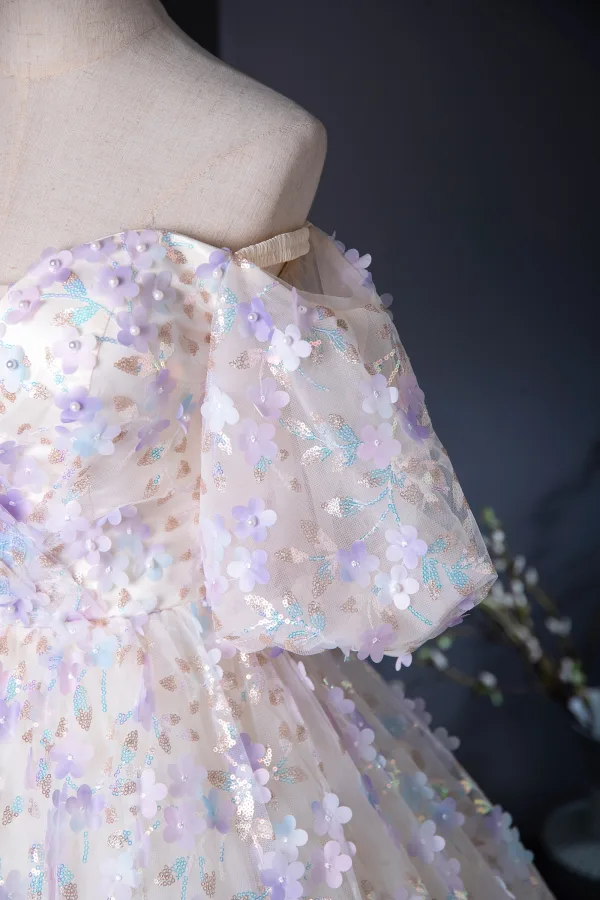 Flower Fairy Champagne Pearl Sequins Appliques Prom Dresses 2024 Ball Gown Off-The-Shoulder Puffy Short Sleeve Backless Floor-Length / Long Prom Formal Dresses