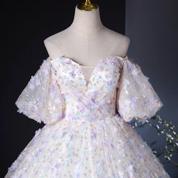 Flower Fairy Champagne Pearl Sequins Appliques Prom Dresses 2024 Ball Gown Off-The-Shoulder Puffy Short Sleeve Backless Floor-Length / Long Prom Formal Dresses