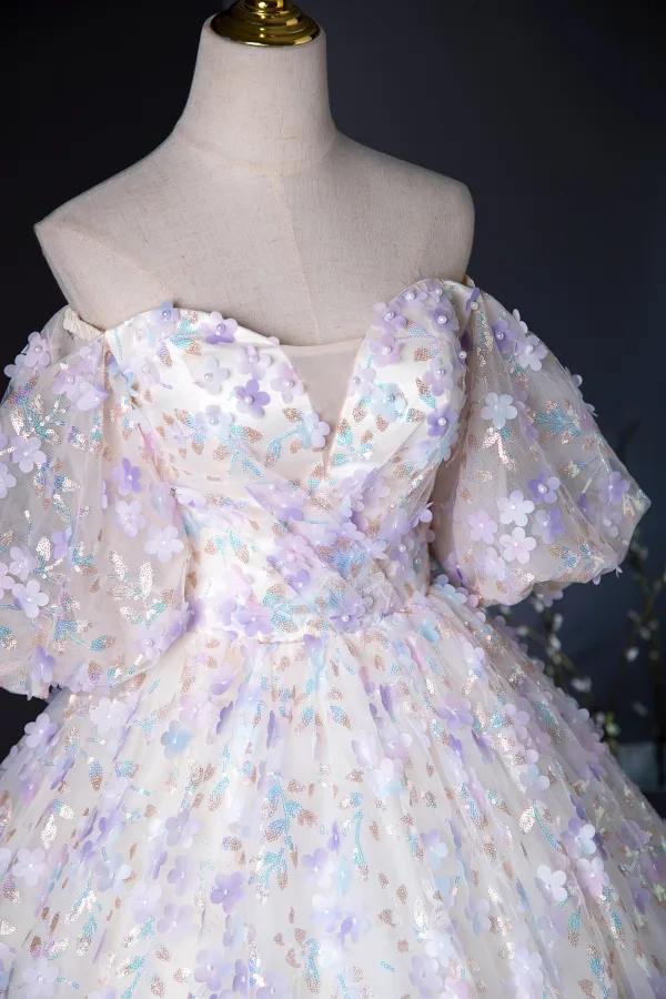 Flower Fairy Champagne Pearl Sequins Appliques Prom Dresses 2024 Ball Gown Off-The-Shoulder Puffy Short Sleeve Backless Floor-Length / Long Prom Formal Dresses