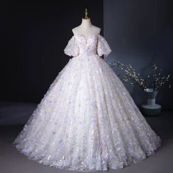 Flower Fairy Champagne Pearl Sequins Appliques Prom Dresses 2024 Ball Gown Off The Shoulder Puffy Short Sleeve Backless Floor Length Long Prom Formal Dresses