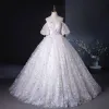 Flower Fairy Champagne Pearl Sequins Appliques Prom Dresses 2024 Ball Gown Off-The-Shoulder Puffy Short Sleeve Backless Floor-Length / Long Prom Formal Dresses