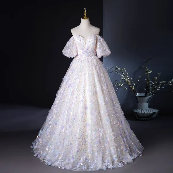 Flower Fairy Champagne Pearl Sequins Appliques Prom Dresses 2024 Ball Gown Off-The-Shoulder Puffy Short Sleeve Backless Floor-Length / Long Prom Formal Dresses