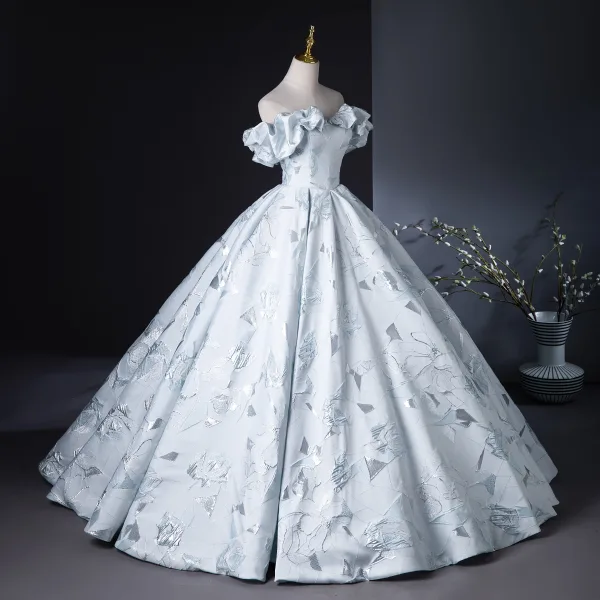 Fashion Sky Blue Embroidered Prom Dresses 2024 Ball Gown Ruffle Strapless Sleeveless Backless Floor-Length / Long Prom Formal Dresses