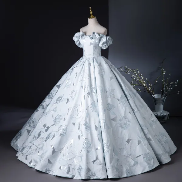 Fashion Sky Blue Embroidered Prom Dresses 2024 Ball Gown Ruffle Strapless Sleeveless Backless Floor-Length / Long Prom Formal Dresses