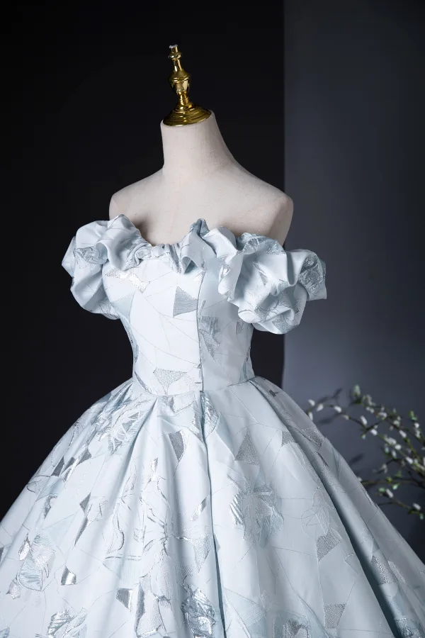 Fashion Sky Blue Embroidered Prom Dresses 2024 Ball Gown Ruffle Strapless Sleeveless Backless Floor-Length / Long Prom Formal Dresses