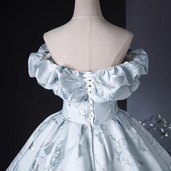 Fashion Sky Blue Embroidered Prom Dresses 2024 Ball Gown Ruffle Strapless Sleeveless Backless Floor-Length / Long Prom Formal Dresses