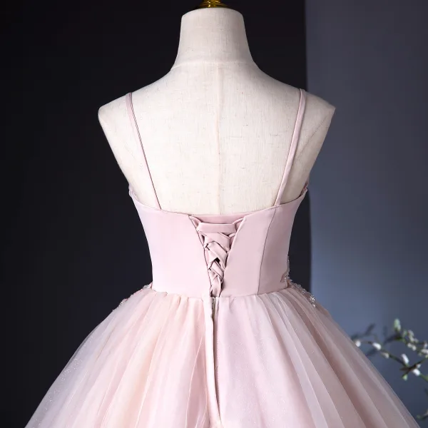 Elegant Lyserød Beading Pailletter Gallakjoler 2024 Balkjole Spaghetti Straps Ærmeløs Halterneck Lange Galla Kjoler