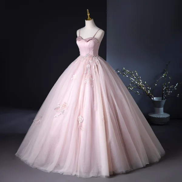 Elegant Lyserød Beading Pailletter Gallakjoler 2024 Balkjole Spaghetti Straps Ærmeløs Halterneck Lange Galla Kjoler