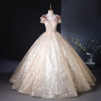 Charming Bling Bling Gold Appliques Beading Pearl Sequins Lace Flower Prom Dresses 2024 Ball Gown Scoop Neck Short Sleeve Backless